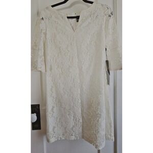 NWT ADRIANNA PAPELL woman 4P laced overlay silk trimmed dress bell elbow sleeves